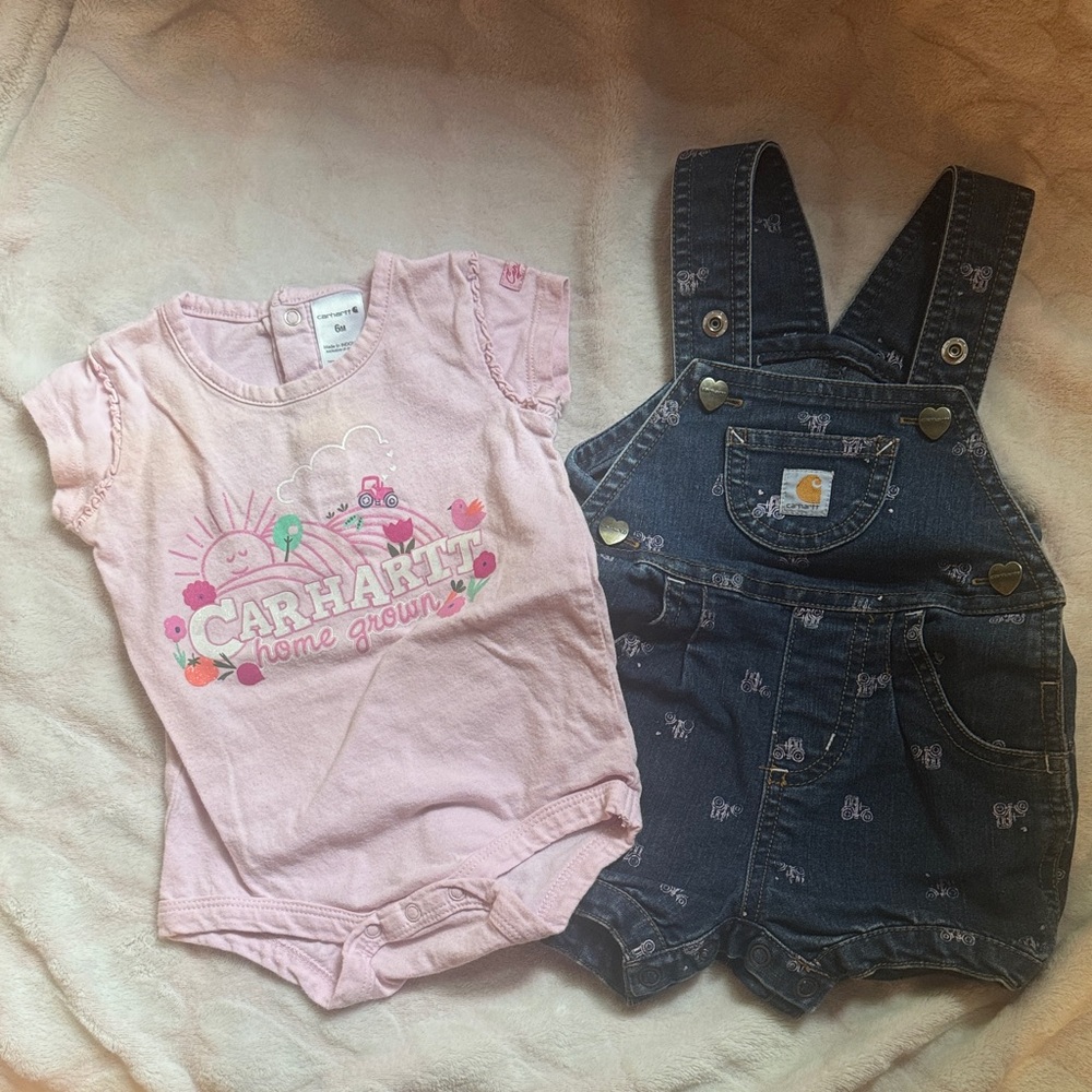 Carhartt Pink Onesie and Blue Denim Overalls